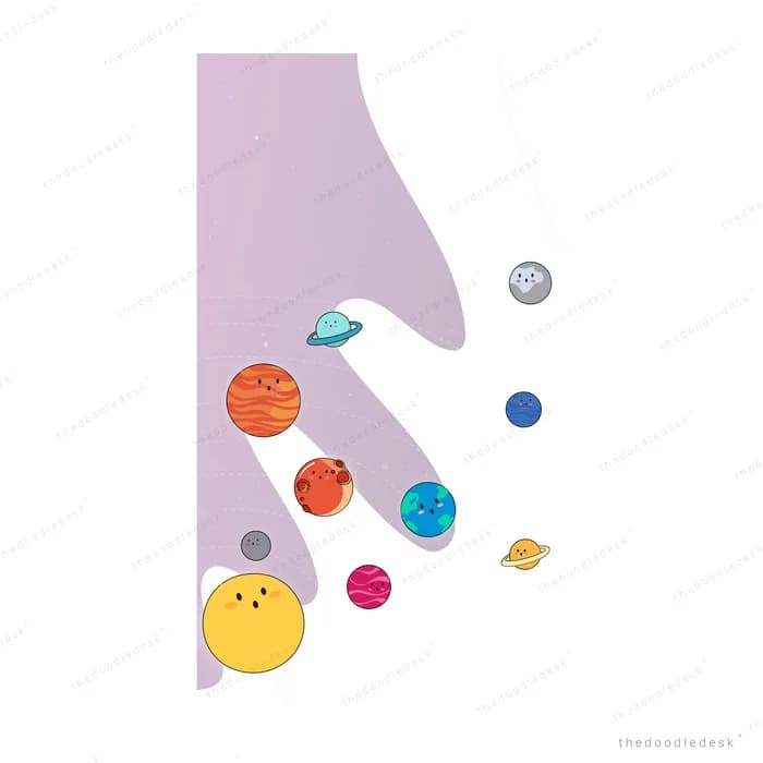 Hand reaching among small drifting planets and a yellow sun