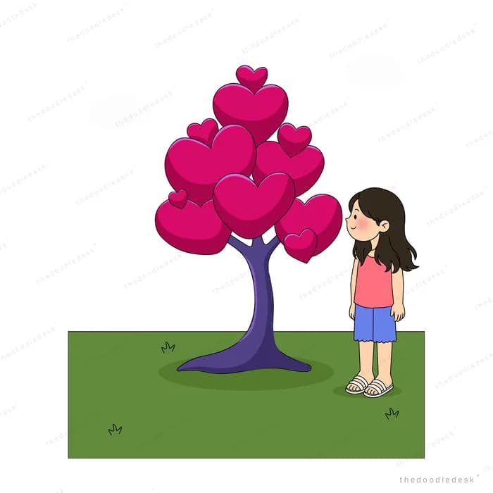 Girl standing alone beside a tall pink heart shaped tree