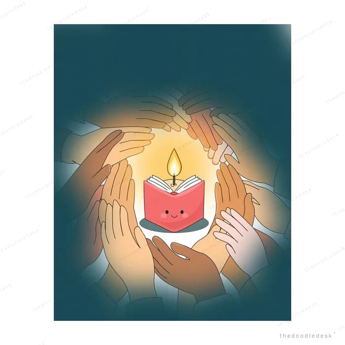 Many cupped hands sheltering a glowing candle with a smiling face