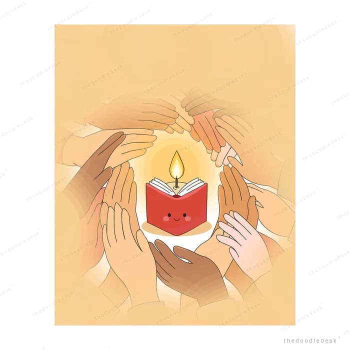 Cupped hands sheltering a smiling red candle on a warm amber background