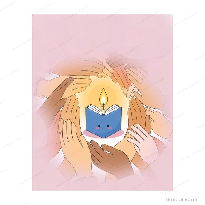 Cupped hands sheltering a smiling blue candle on a soft pink background