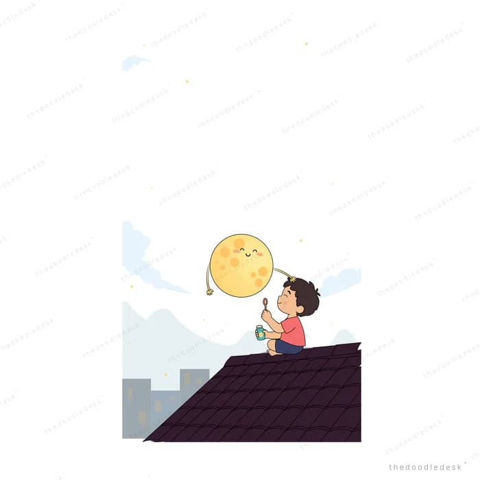 Girl on a rooftop pulling a bright yellow smiling moon toward her by its arm