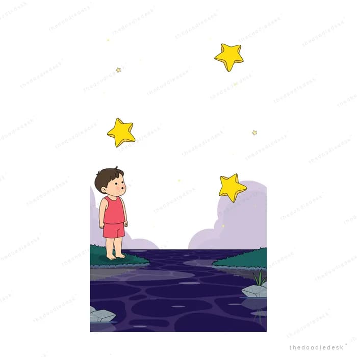 Boy catching one star while two more drift down over the dark hill