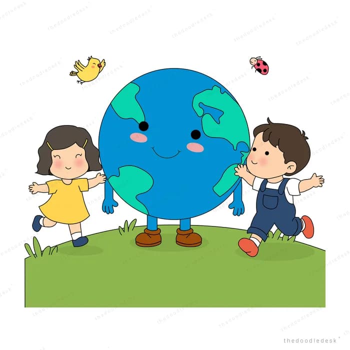 Children standing either side of a smiling earth globe with litter scattered on the hill