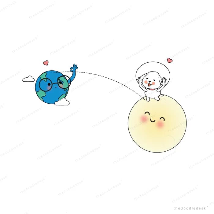 Small white creature sitting on a glowing smiling moon holding a string tied to the earth