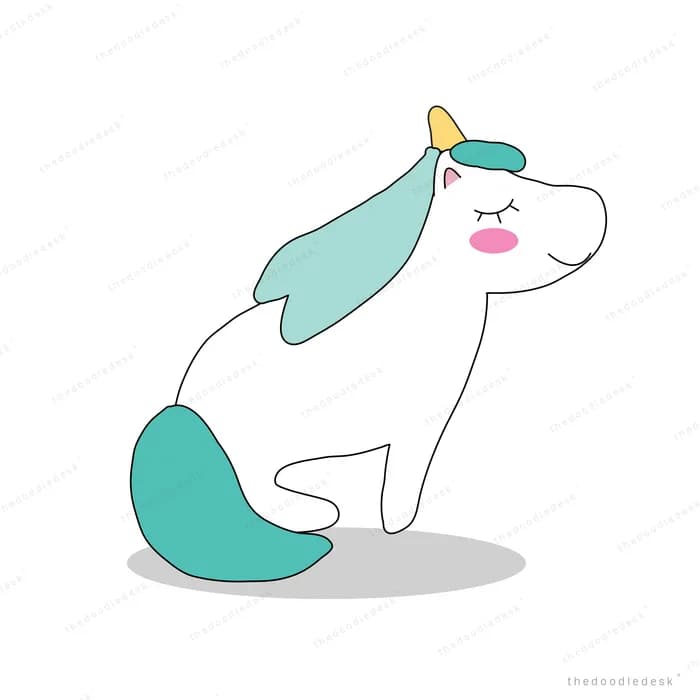 White unicorn with a teal mane and tail standing in profile