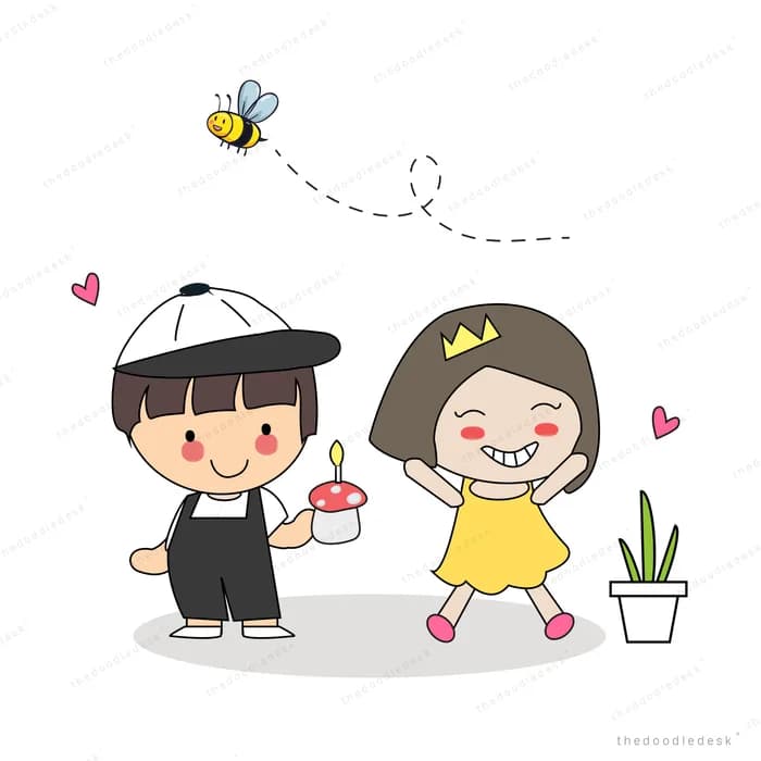 Boy and girl standing together with a bee and plants