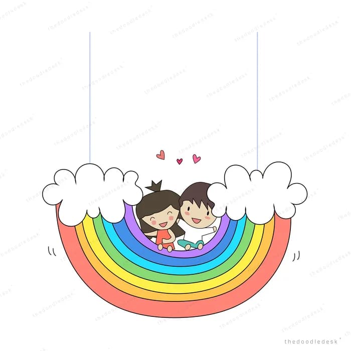 Two children sitting together on top of a rainbow