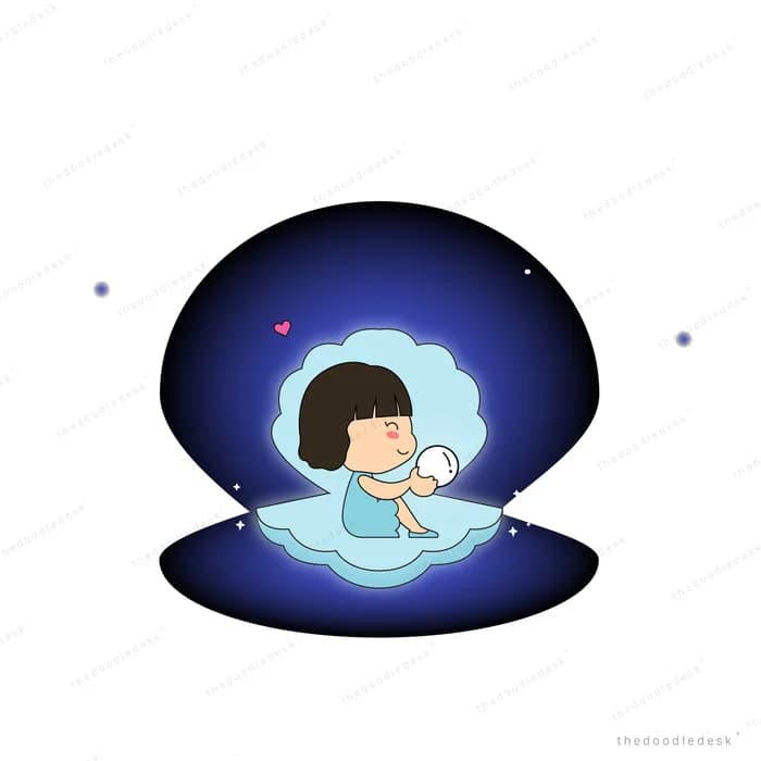 Girl curled inside a glowing shell underwater at night