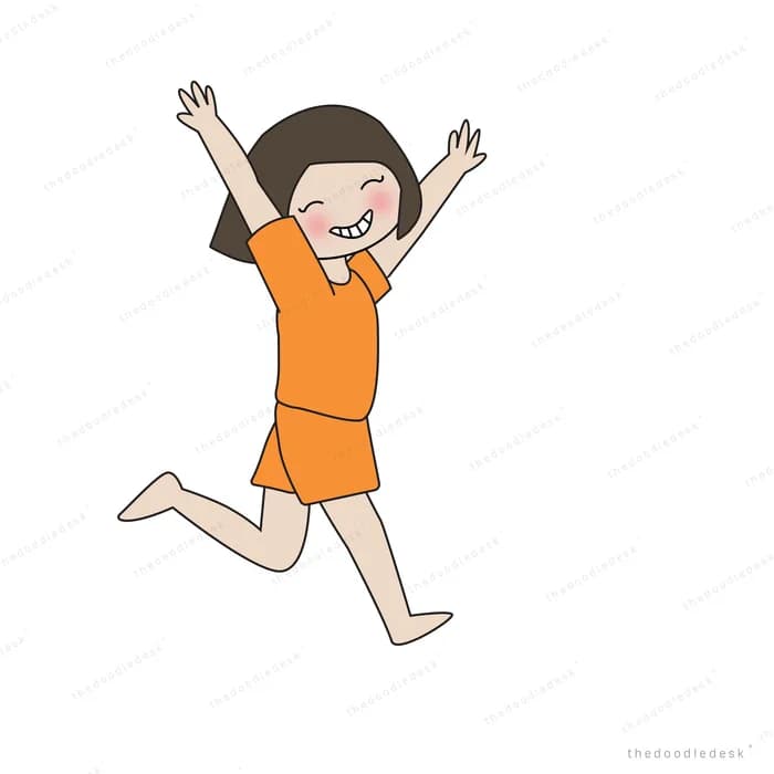 Girl in orange leaping with both arms raised