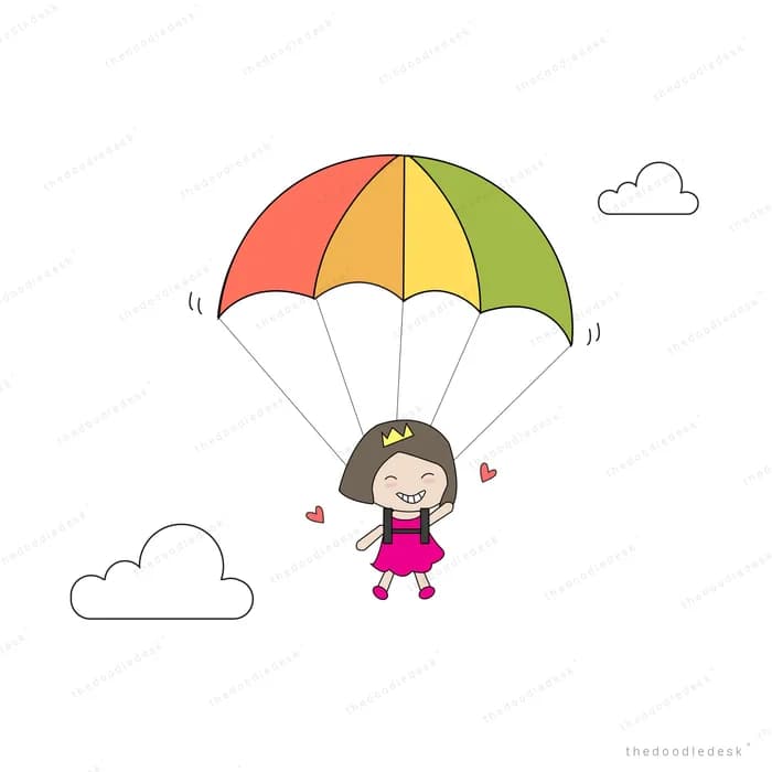 Girl descending under a rainbow parachute through clouds
