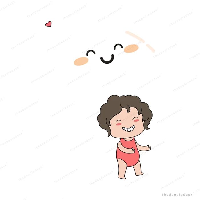 Girl in red standing beneath a floating smiling face