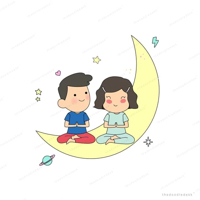 Two children sitting together on a crescent moon