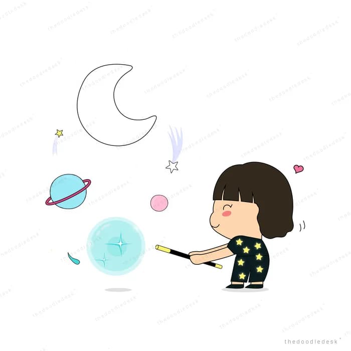 Girl blowing a large bubble toward a moon and planets