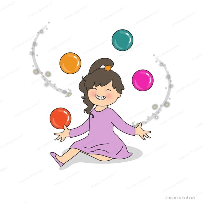 Girl juggling colourful balls while sitting