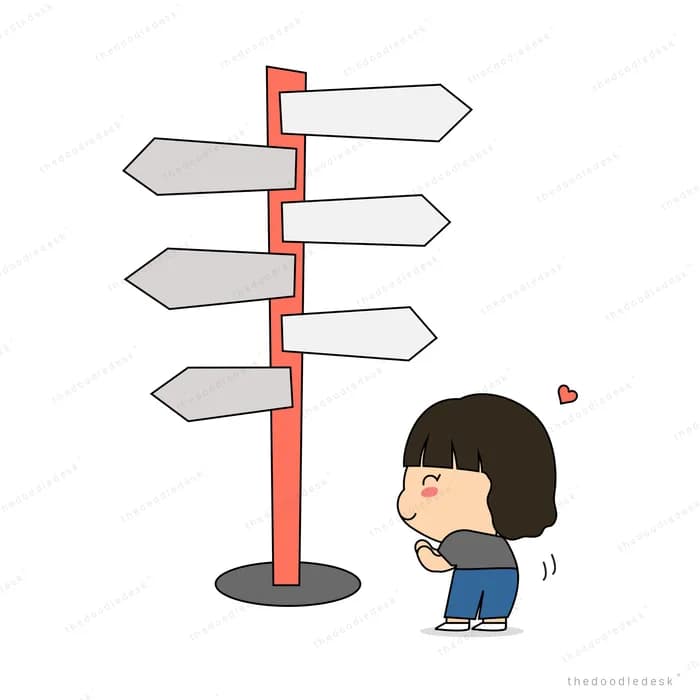 Girl looking up at a multi-armed signpost