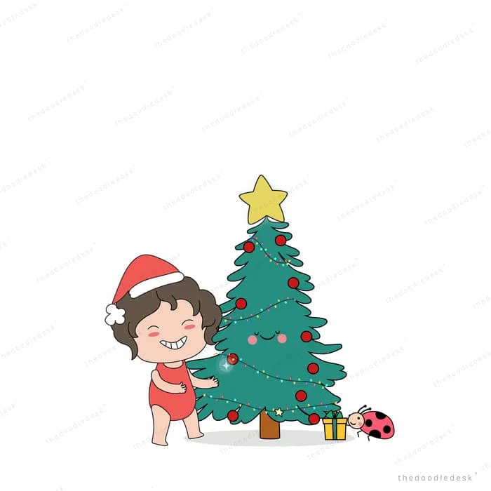 Girl in a santa hat decorating a Christmas tree