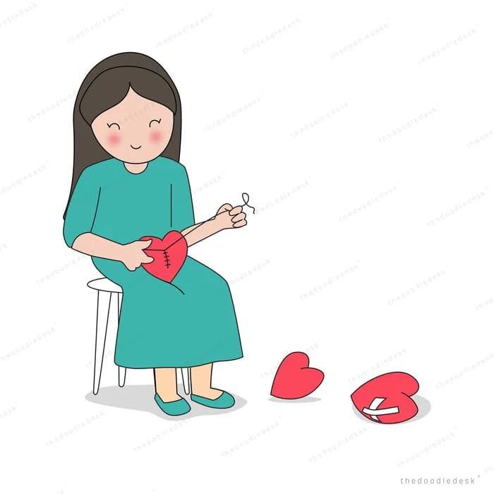 Woman seated knitting with red yarn at her feet