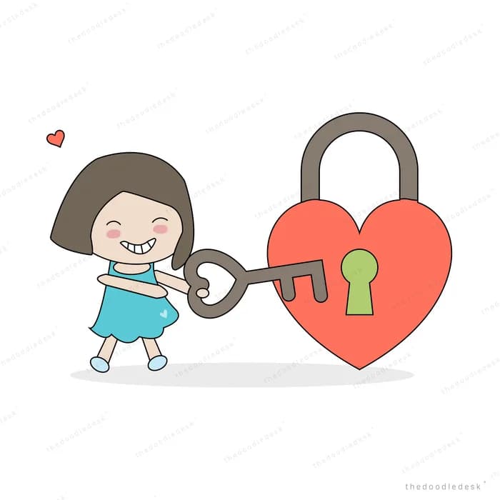 Girl holding a key beside a large heart-shaped padlock
