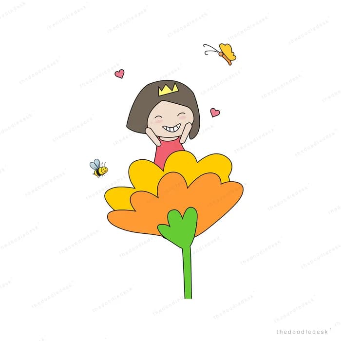 Girl seated inside a large orange bloom