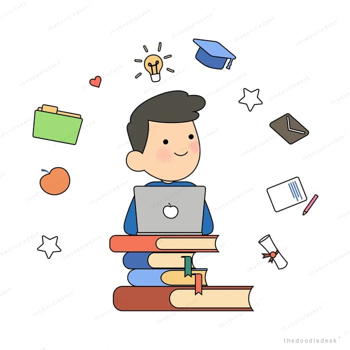 Man on a stack of books with study icons floating around