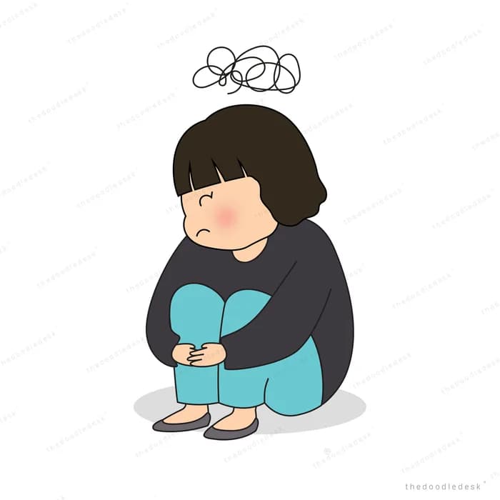 Girl sitting curled up with a thought cloud above