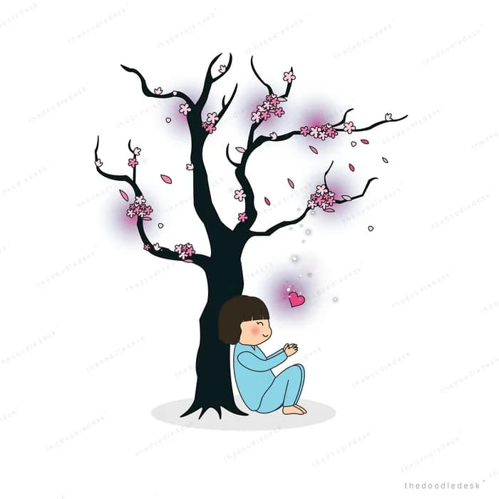 Girl sitting under a blossoming cherry tree