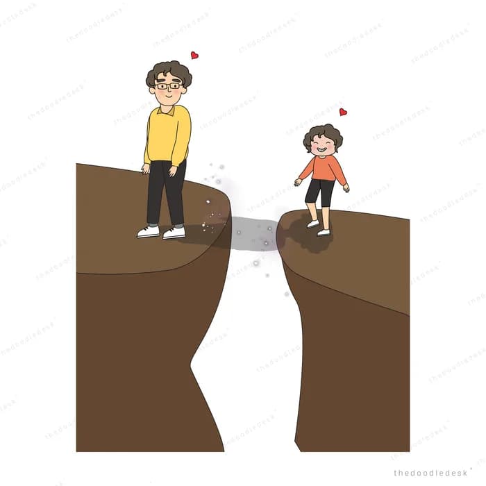 Two people standing on opposite sides of a cliff gap