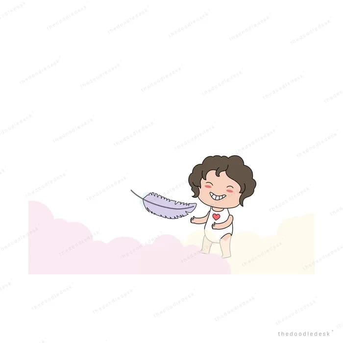 Child with a feather among pastel clouds