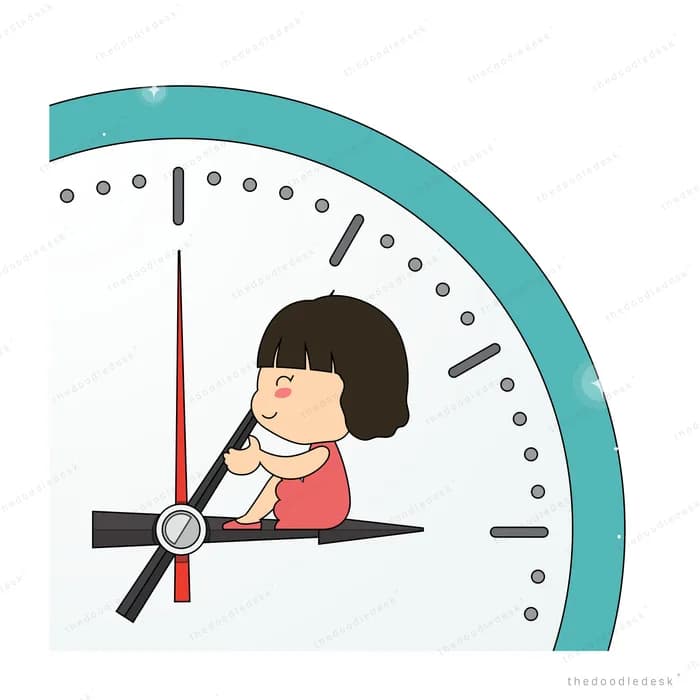Girl leaning against the hands of a giant clock