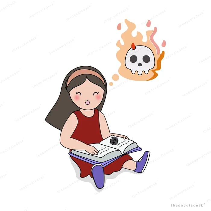 Girl reading a book beside a flaming skull motif