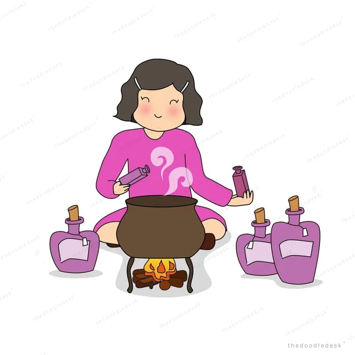 Girl cooking at a cauldron surrounded by potion bottles