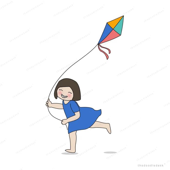 Girl running while flying a colourful kite