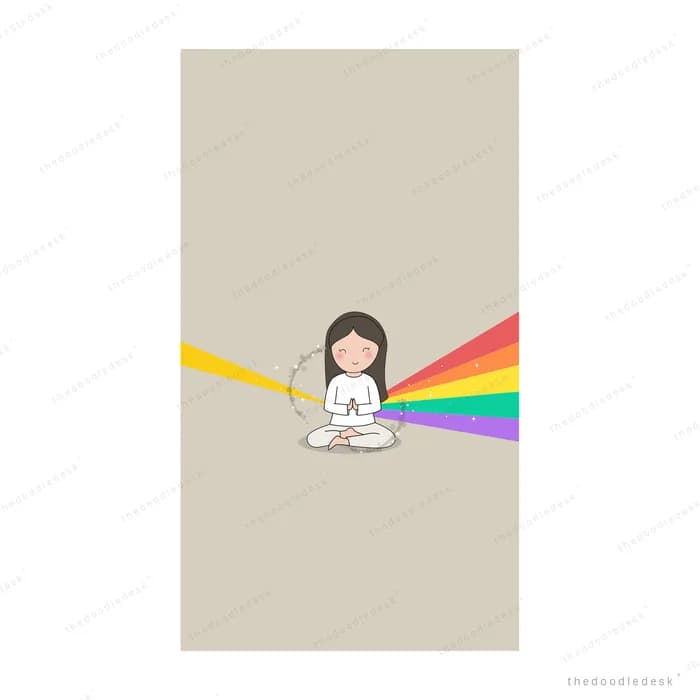 Girl seated with a rainbow prism of light behind her