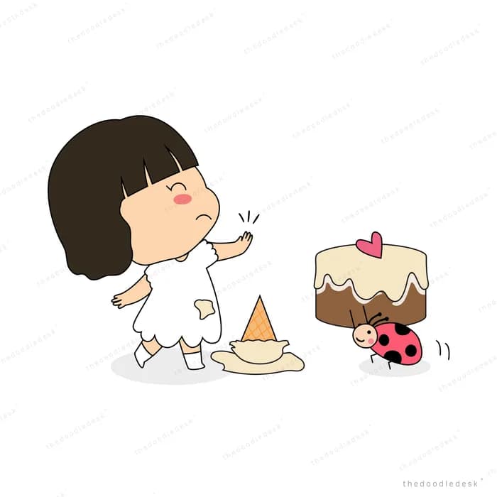 Girl reaching toward a slice of cake and pastries