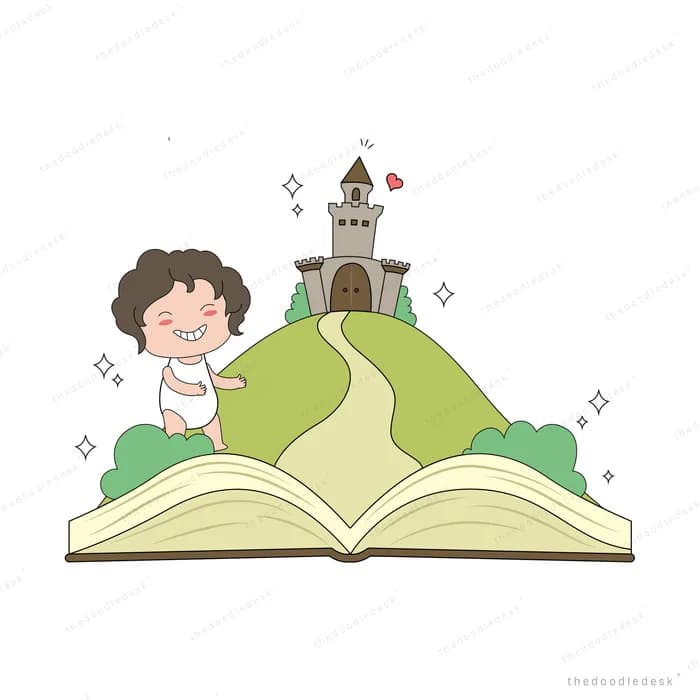 Boy above an open book with a castle rising from it
