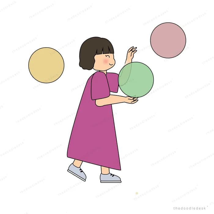 Girl reaching toward large floating soap bubbles