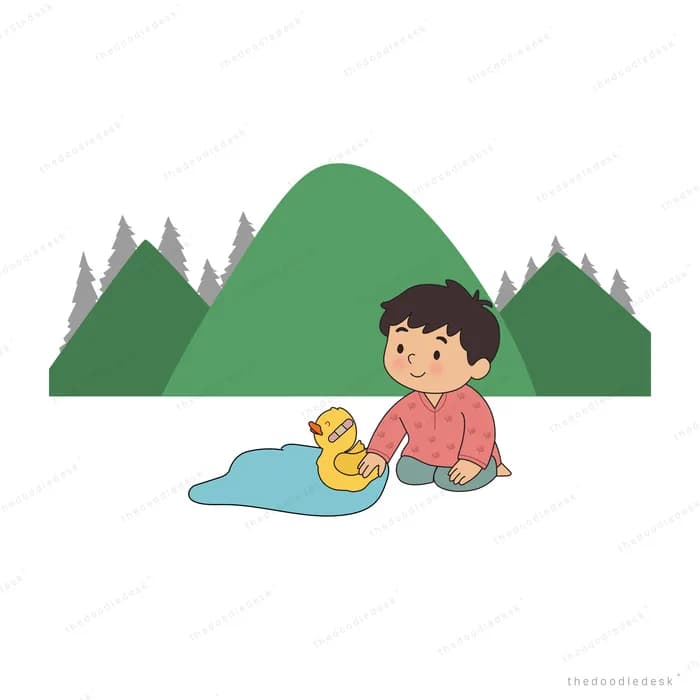Child sitting by a stream between green hills