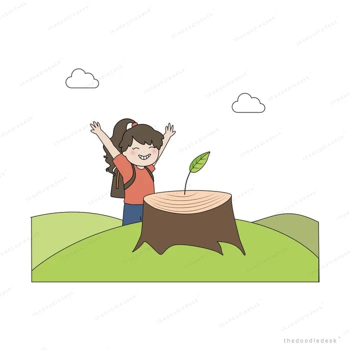 Girl standing on a tree stump with a sprout growing
