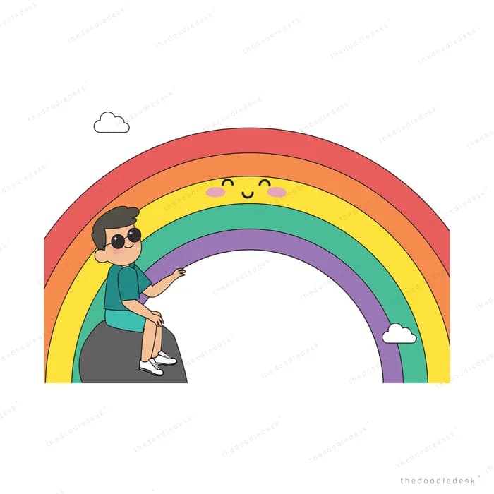 Man in sunglasses sitting on top of a rainbow