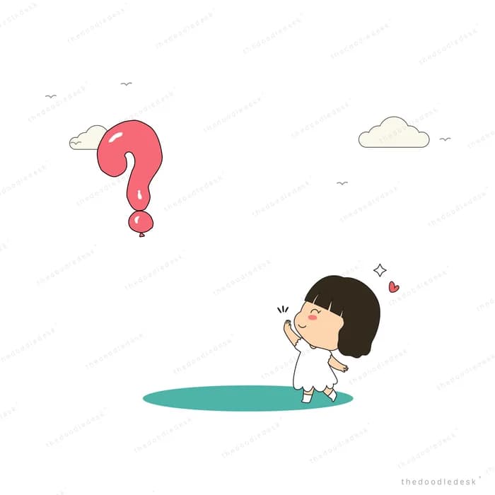 Girl bending under a large pink question mark