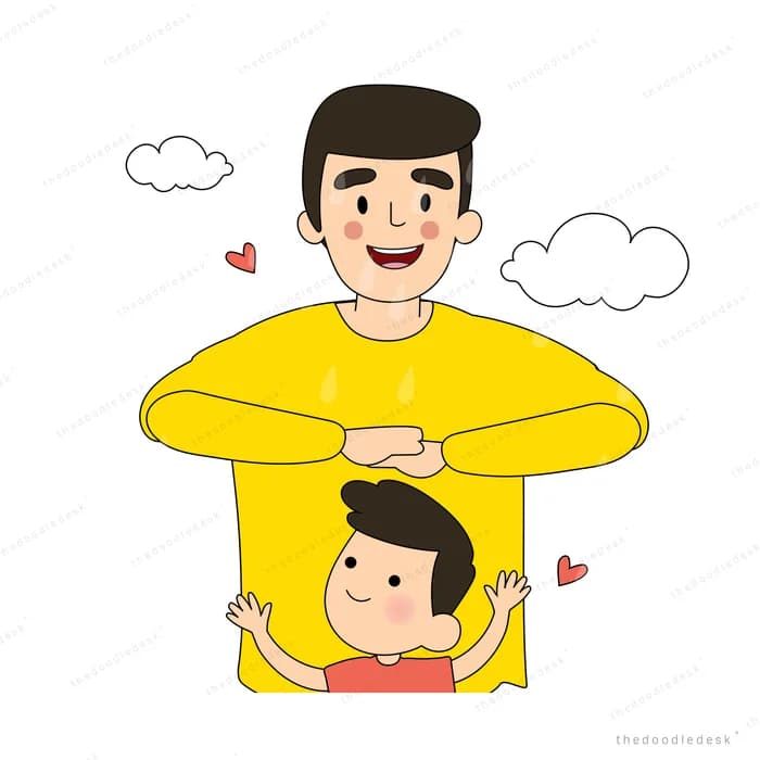 Father standing with his arms around his son