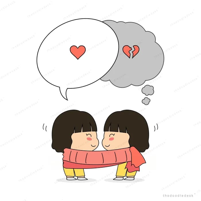 Two children with contrasting thought bubbles of hearts