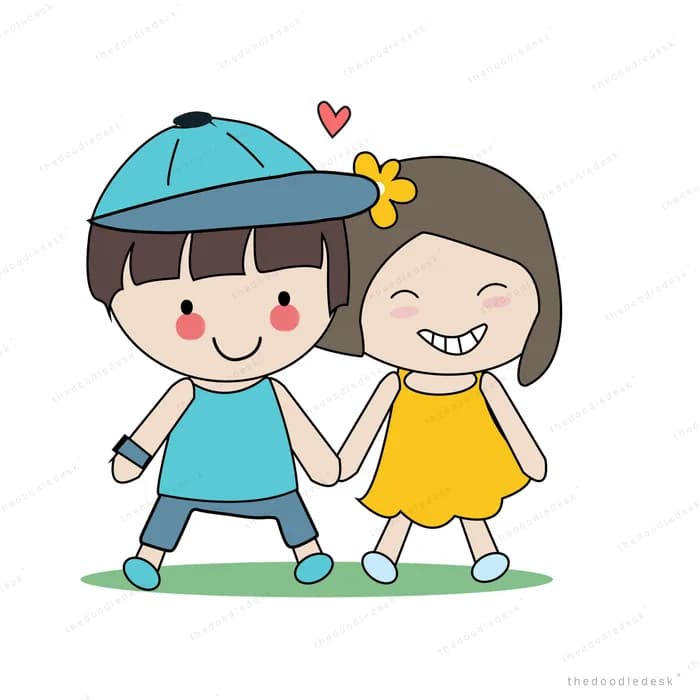 Two children holding hands standing on grass