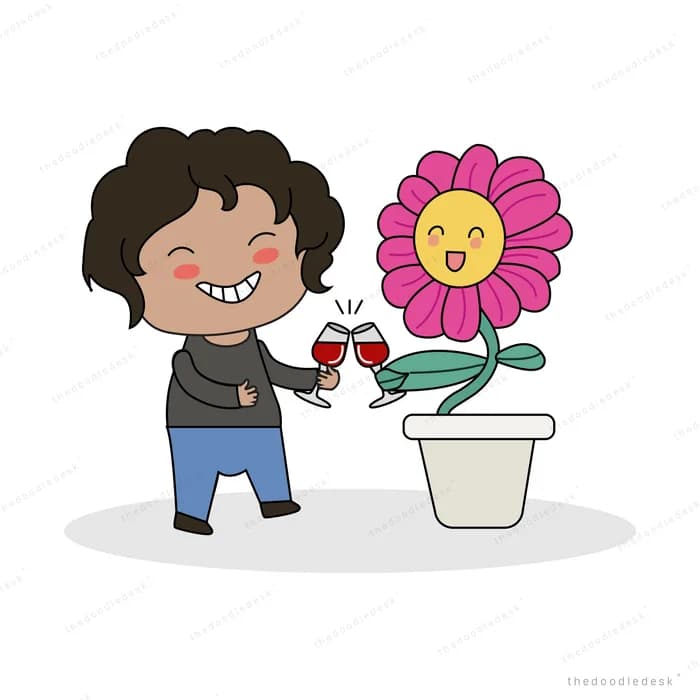 Boy tending a potted sunflower