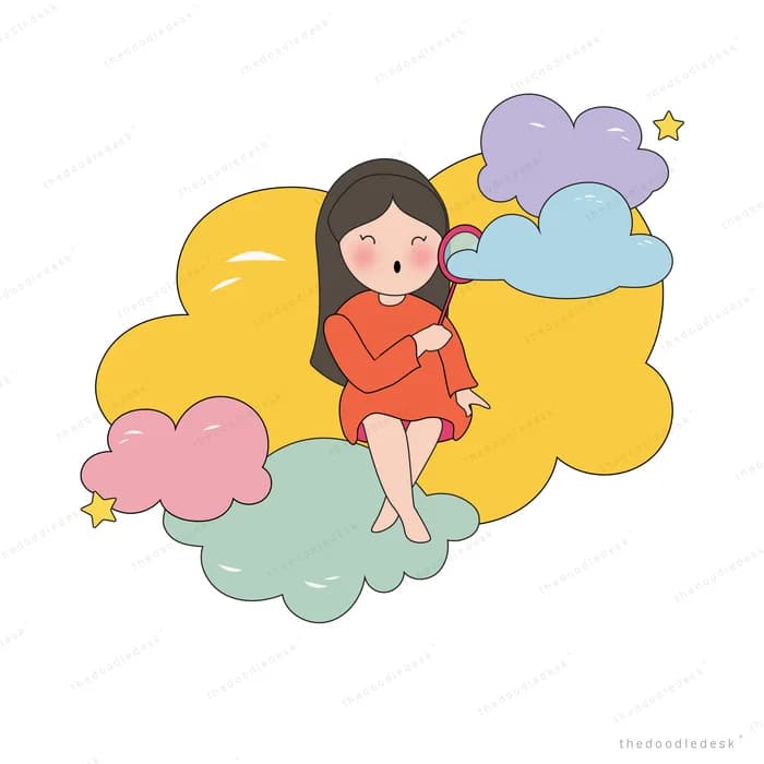 Woman reading nestled among pastel clouds