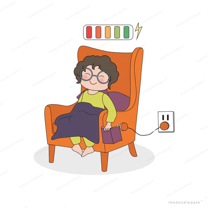 Woman in an armchair plugged into a charging socket