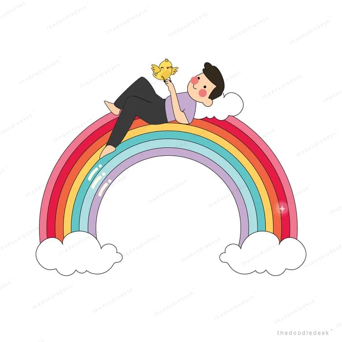 Couple leaning toward each other over a rainbow