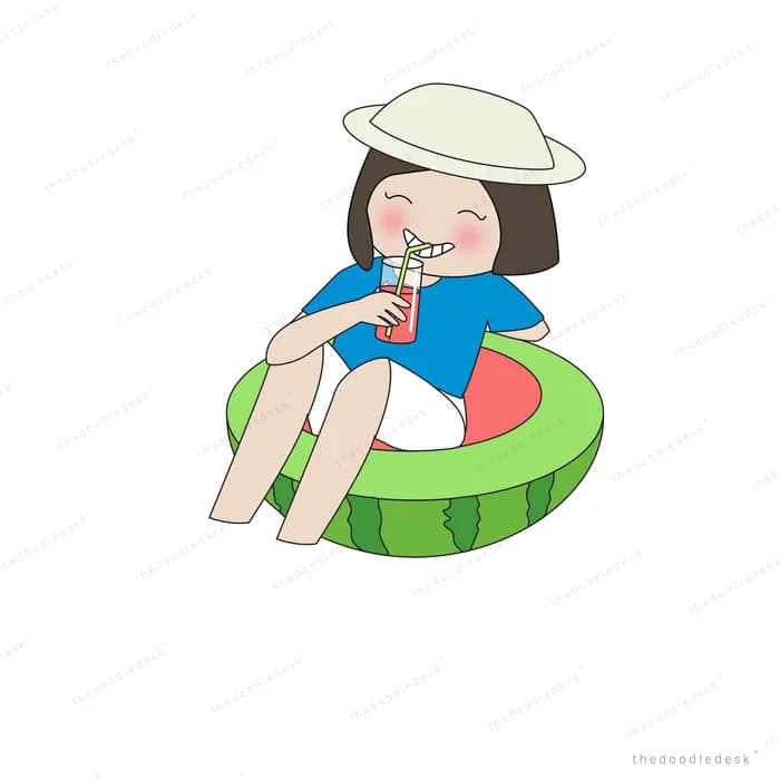 Girl in a sun hat sitting on a watermelon slice