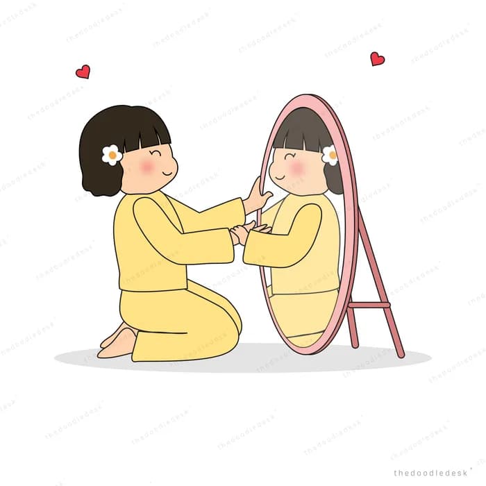 Girl kneeling before a mirror touching her reflection